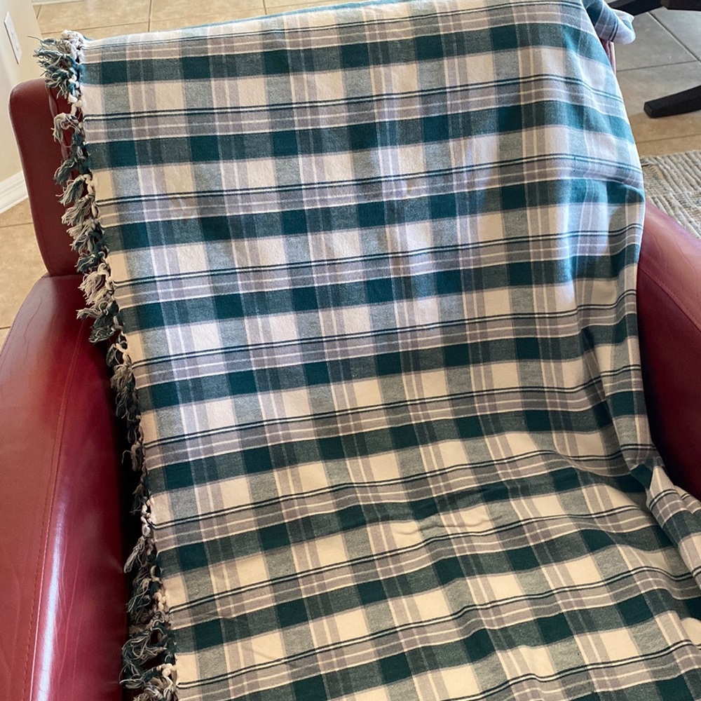 PLAID TABLECLOTH APPROX 54”X53” (Short sides have approx 2” of fringe)